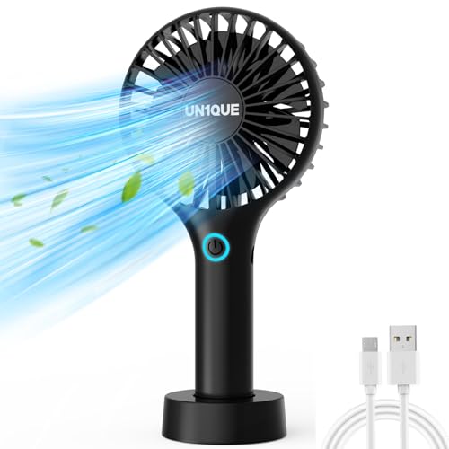 UN1QUE Mini Handheld Fan, Brushless Motor Portable Hand Fan with Lanyard, 3 Speeds Small Fan, USB Fan Rechargeable for Indoor and Outdoor Use by Women and Men, Table Fan Base Included - Image 1
