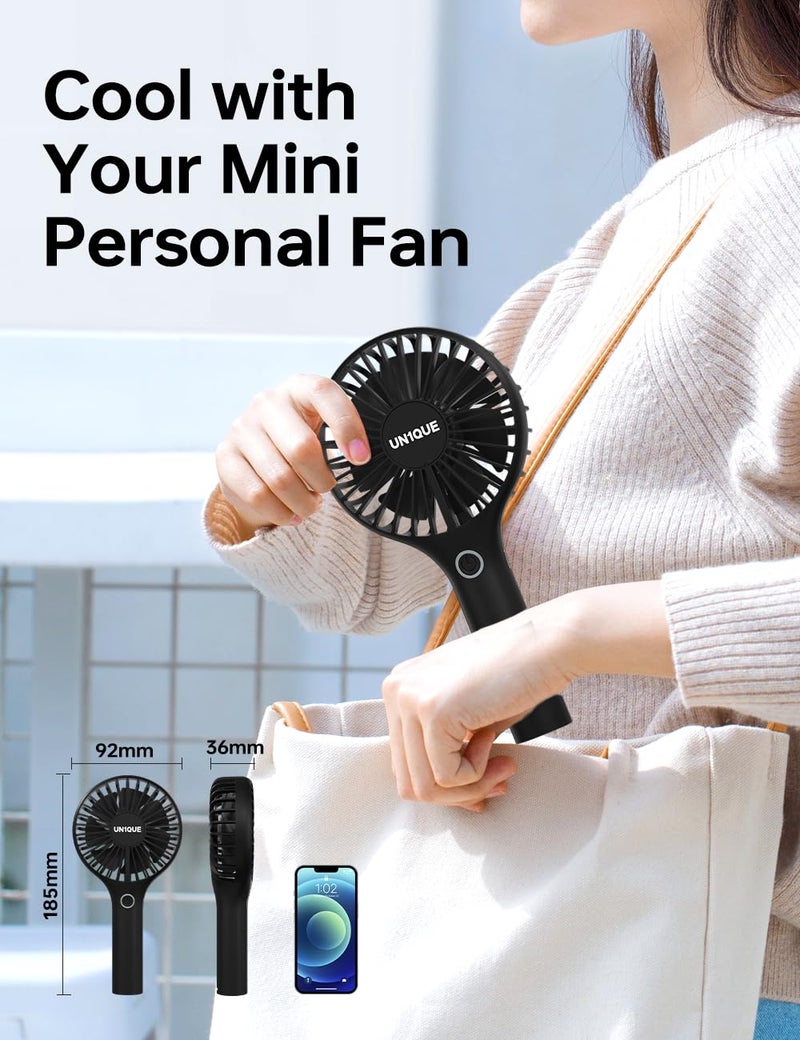UN1QUE Mini Handheld Fan, Brushless Motor Portable Hand Fan with Lanyard, 3 Speeds Small Fan, USB Fan Rechargeable for Indoor and Outdoor Use by Women and Men, Table Fan Base Included - Image 4