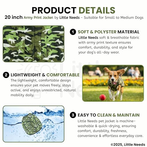 Little Needs Dog Jacket for Winter (Army Print, 20 Inch) | Camouflage Design, Waterproof & Windproof Polyester Coat with Fleece, Adjustable Velcro Closure, Warm Vest for Cold Weather - Image 3