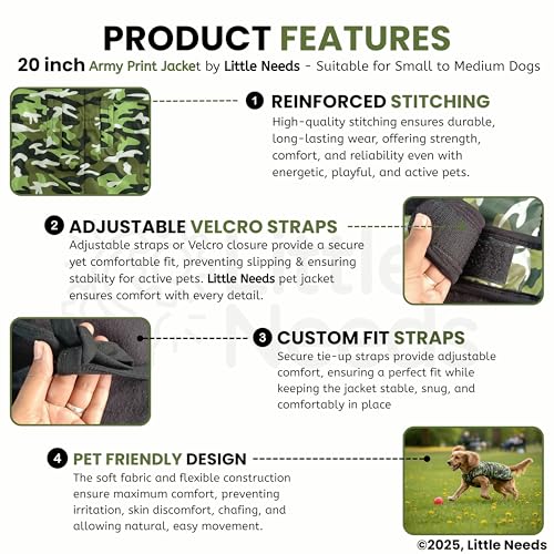 Little Needs Dog Jacket for Winter (Army Print, 20 Inch) | Camouflage Design, Waterproof & Windproof Polyester Coat with Fleece, Adjustable Velcro Closure, Warm Vest for Cold Weather - Image 4