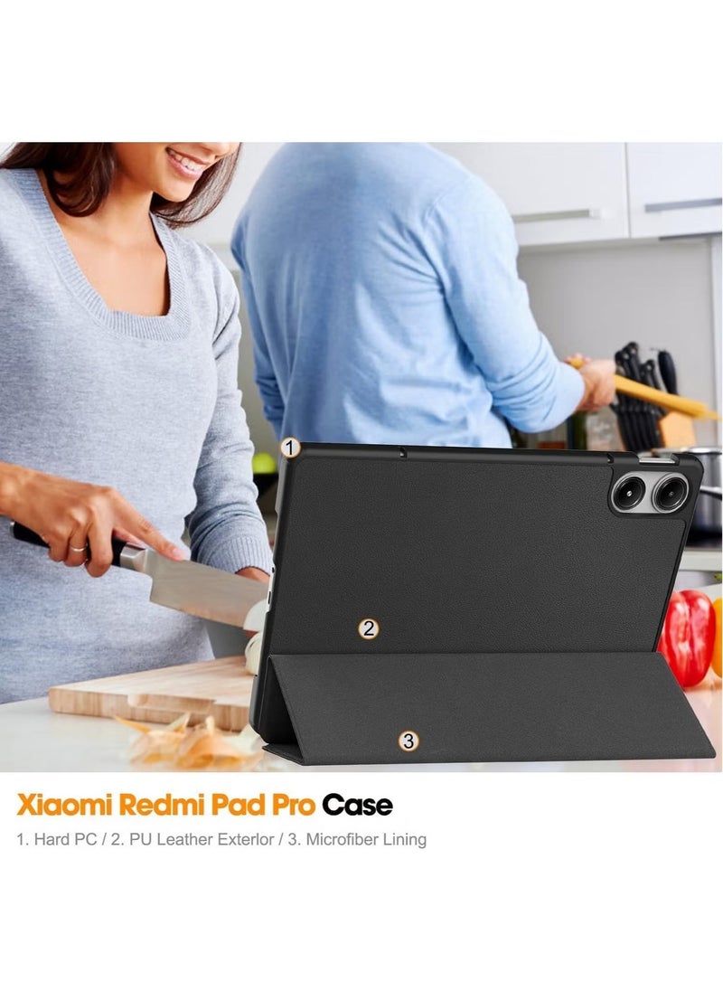 ELTRAZONE Protective Case for Xiaomi Redmi Pad Pro 12.1 inch, Black PU Leather Flip Wallet Cover with Tempered Glass Screen Protector (Black) - Durable, Stylish, Full Protection for Your Tablet, Slim & Lightweight Design for Ultimate Convenience - Image 1