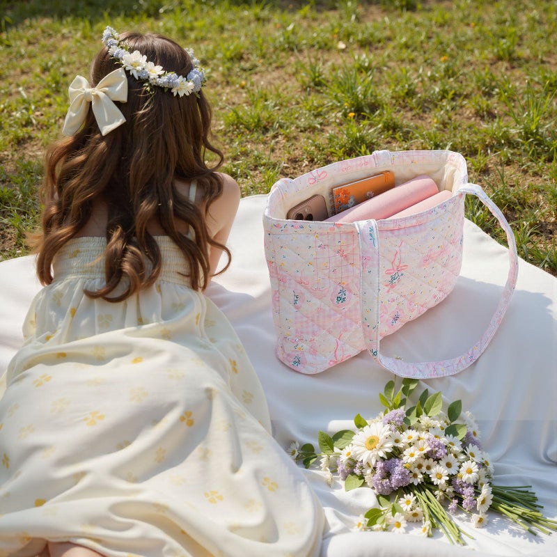 shiprabags Quilted Small Tote Bag for Women, Lightweight Floral Shoulder Bag,Soft College Travel Work Bag Everyday Purse (Pink Bow Floral, M) - Image 2