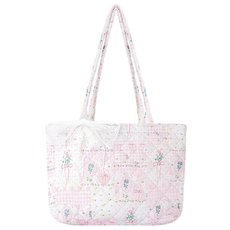 shiprabags Quilted Small Tote Bag for Women, Lightweight Floral Shoulder Bag,Soft College Travel Work Bag Everyday Purse (Pink Bow Floral, M) - Image 1