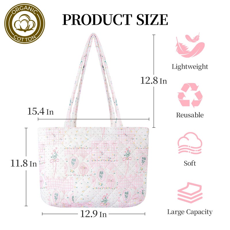 shiprabags Quilted Small Tote Bag for Women, Lightweight Floral Shoulder Bag,Soft College Travel Work Bag Everyday Purse (Pink Bow Floral, M) - Image 4