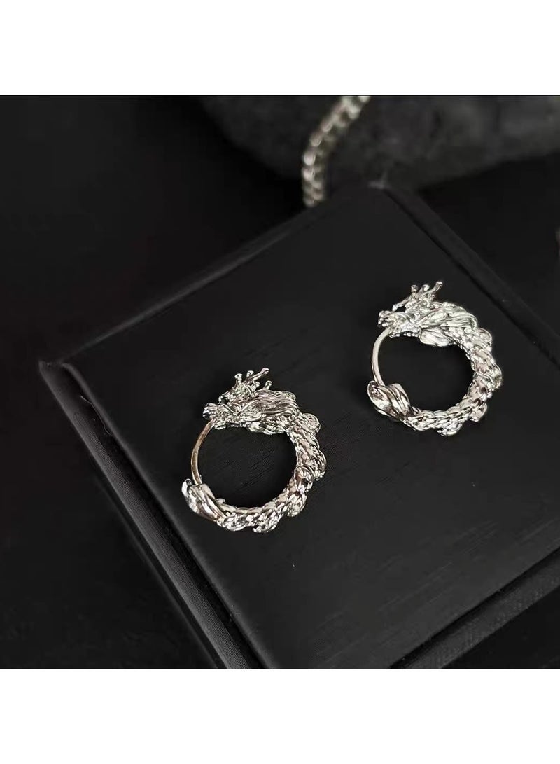 Silver Dragon Earring Clip Happiness Chinese Zodiac Hollow Earrings 