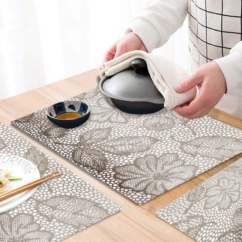 Dakshya Industries Dakshya Industries Pack of 6 Printed PVC Rectangle Shape Placemats Cutwork Geometric Design for Kitchen Restaurant Dressing Table Mats Drawer Mat and Dining Table Mats Beige - Image 3