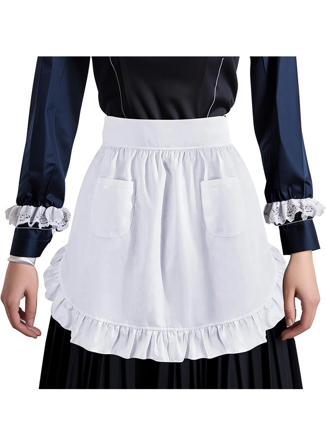 Women's Waist Apron with Two Pockets Half Apron Waitress Servant Costume Aprons for Kitchen Cooking Restaurant Coffee Shop (White) - Image 1
