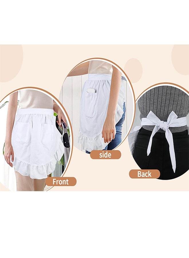 Women's Waist Apron with Two Pockets Half Apron Waitress Servant Costume Aprons for Kitchen Cooking Restaurant Coffee Shop (White) - Image 3