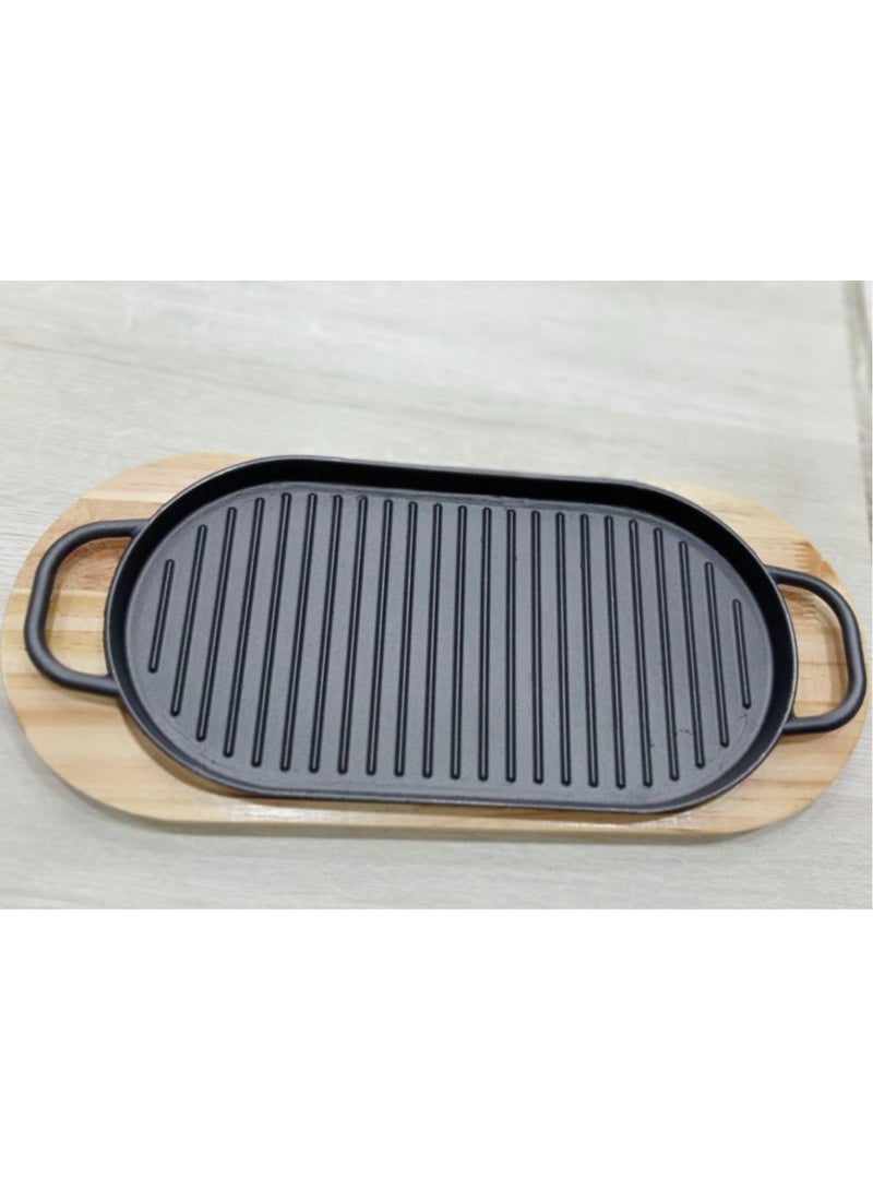 Oval-shaped cast iron grill pan with non-stick coating, black color, steak grill plate with wooden heat-insulating coaster (30*15cm)