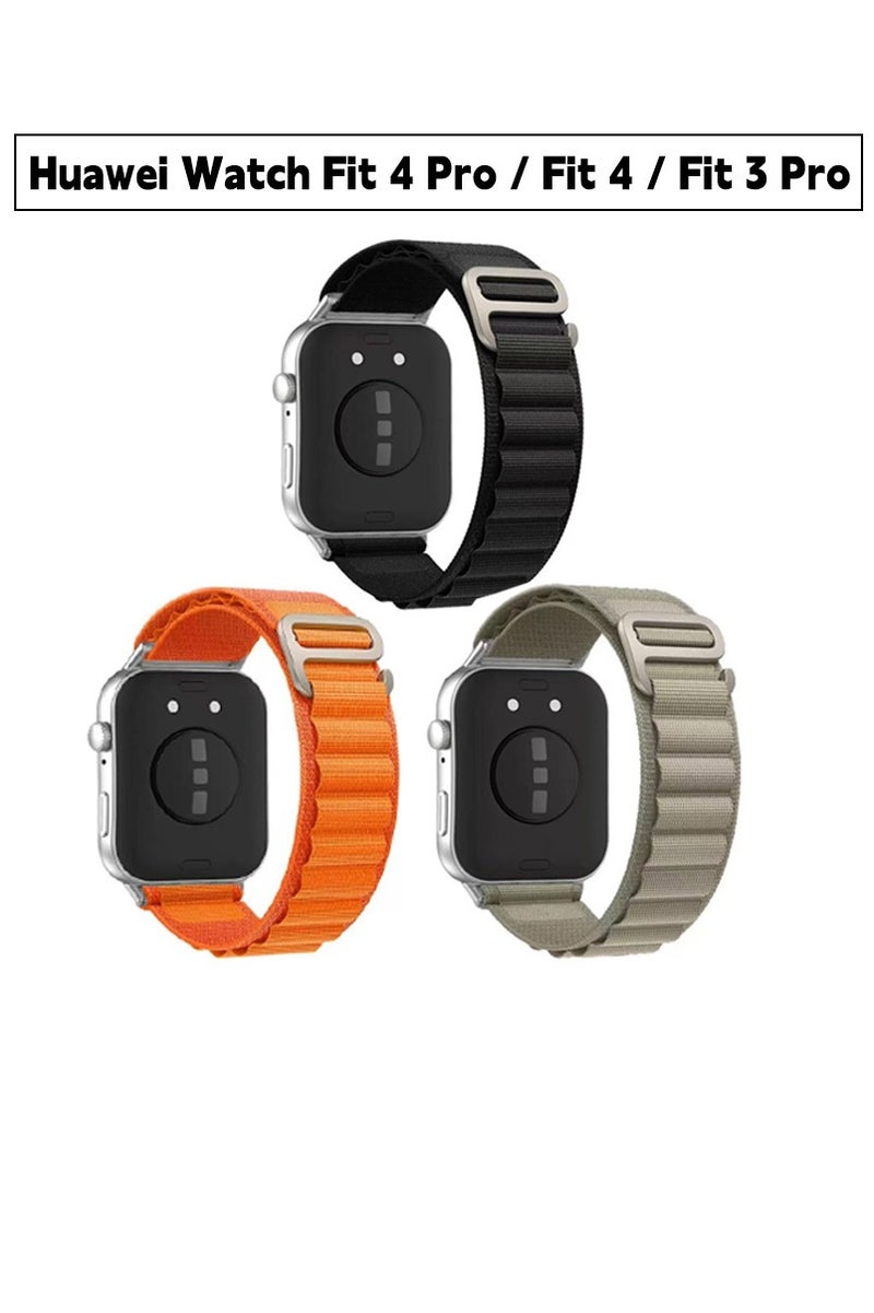 3-piece set suitable for Huawei Watch Fit4/Fit4 Pro/Fit3 Alpine nylon woven loop straps, compatible with Huawei Watch Fit4/Fit4 Pro/Fit3, strap colors: black/olive/orange