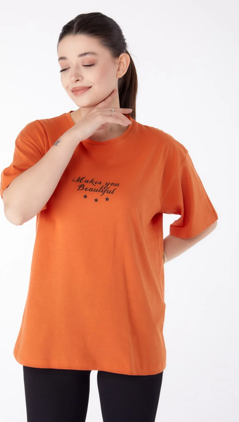 Tofisa Plain Crew Neck Women's Orange Printed Short Sleeve T-Shirt - 25393