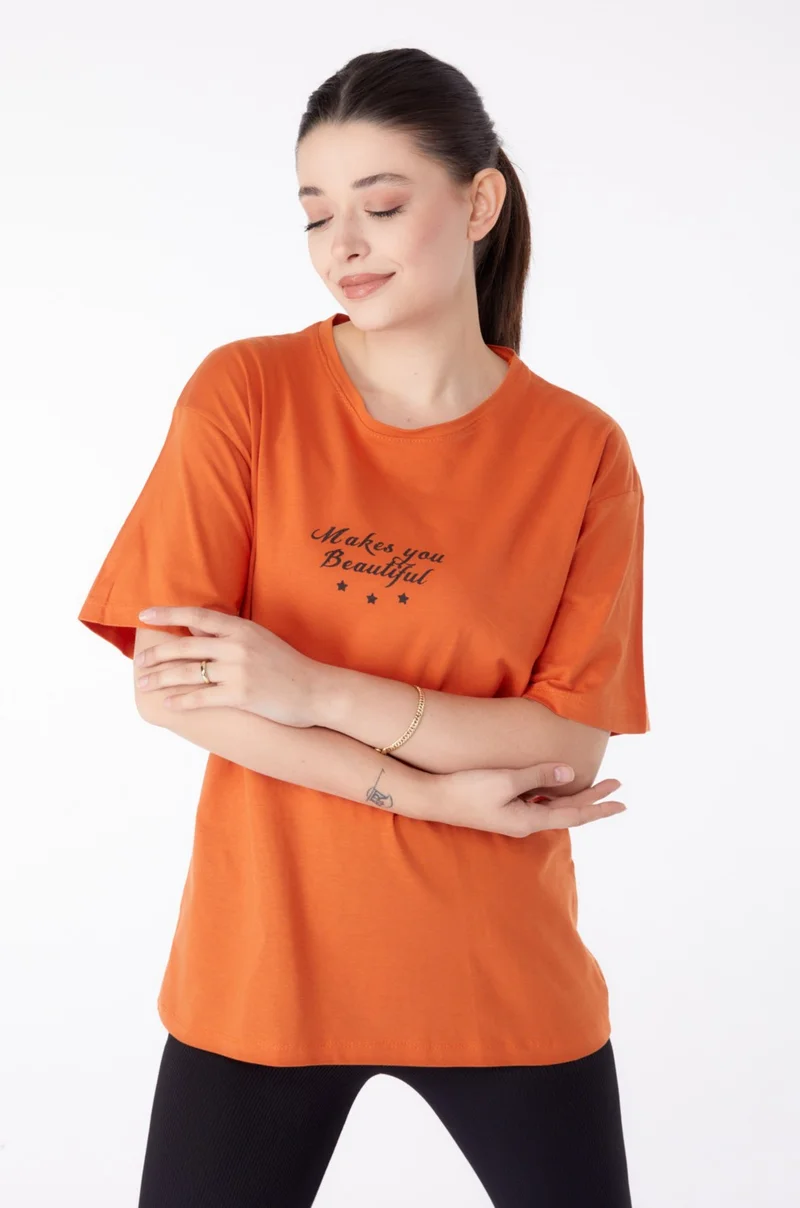 Tofisa Plain Crew Neck Women's Orange Printed Short Sleeve T-Shirt - 25393