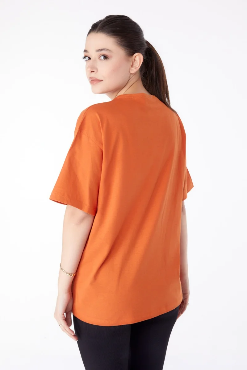 Tofisa Plain Crew Neck Women's Orange Printed Short Sleeve T-Shirt - 25393