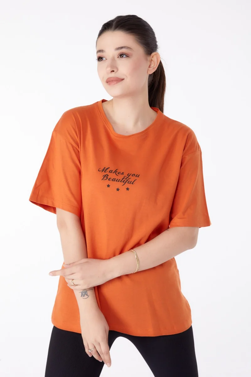Tofisa Plain Crew Neck Women's Orange Printed Short Sleeve T-Shirt - 25393