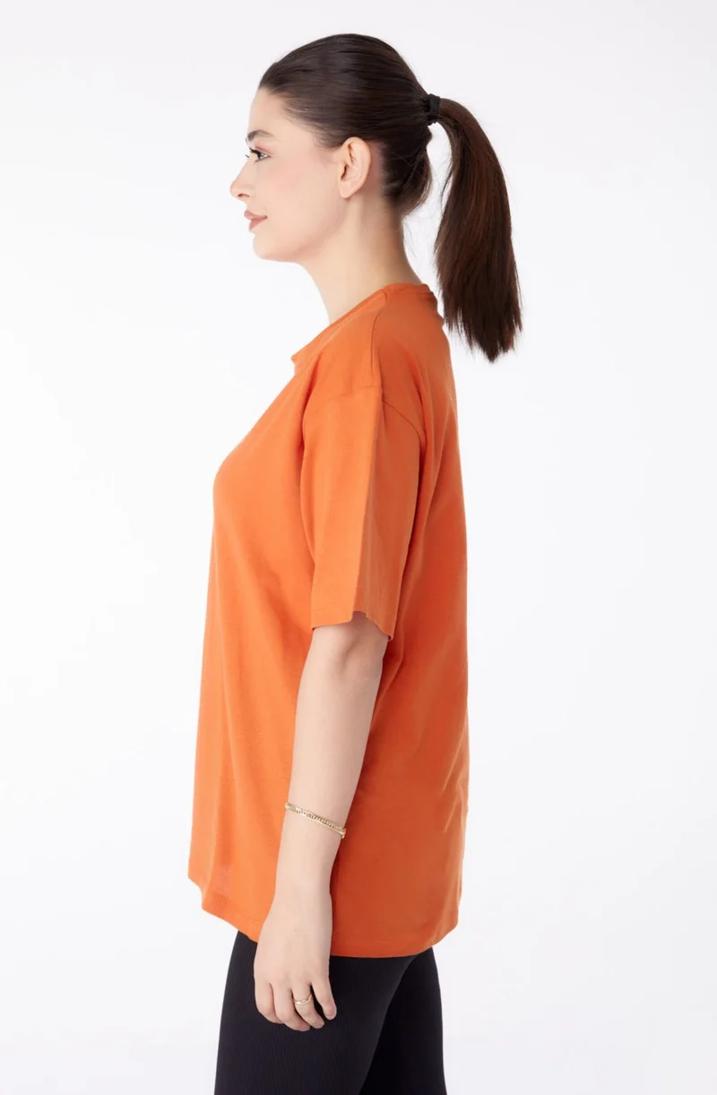 Tofisa Plain Crew Neck Women's Orange Printed Short Sleeve T-Shirt - 25393