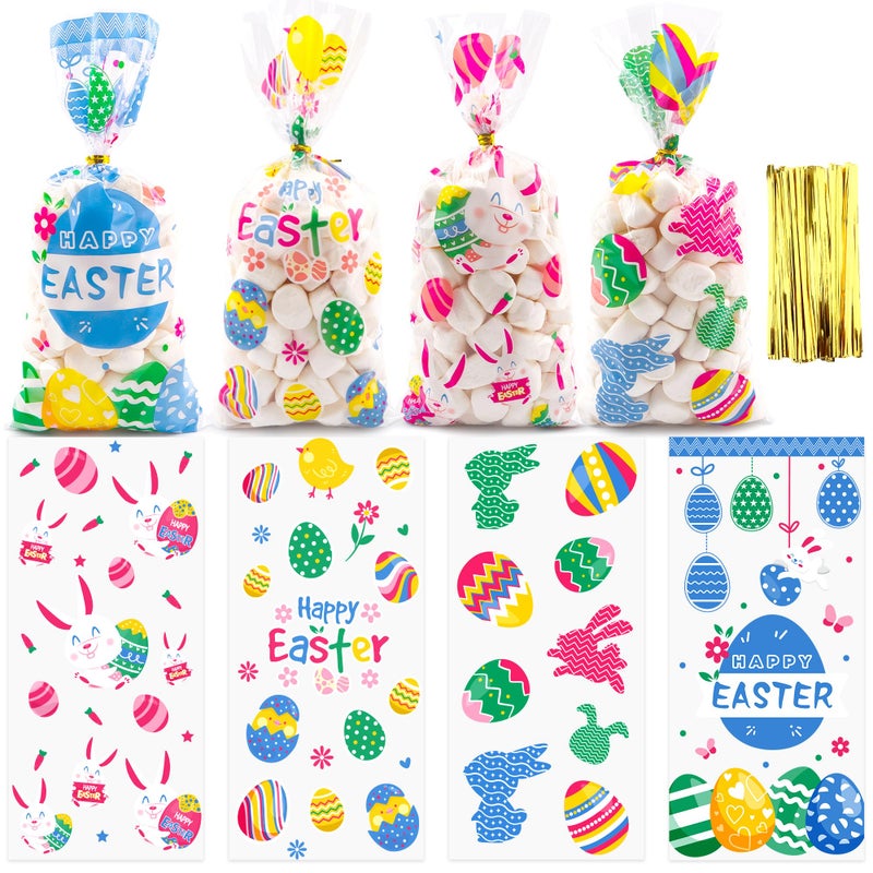 Lxzyu Easter Cellophane Treat Bags, Easter Gift Bags, Easter Goodie Bags, Plastic Clear Cello Colorful Eggs Bunny Easters Candy Cookies Goody Snack Bag with Ties for Easte Party Favors Supplies, 50 Pcs - Image 1