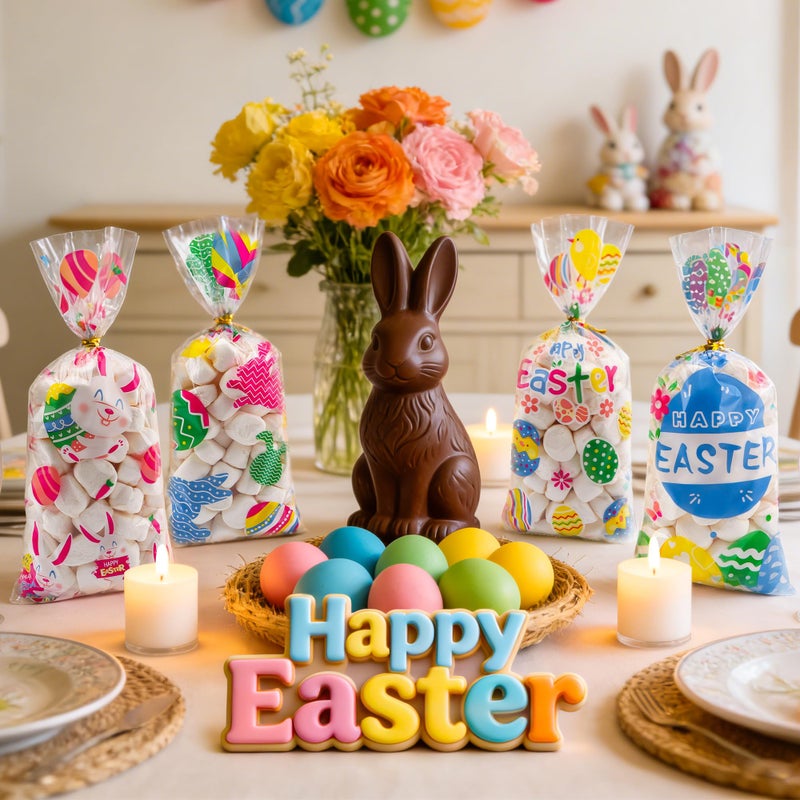 Lxzyu Easter Cellophane Treat Bags, Easter Gift Bags, Easter Goodie Bags, Plastic Clear Cello Colorful Eggs Bunny Easters Candy Cookies Goody Snack Bag with Ties for Easte Party Favors Supplies, 50 Pcs - Image 5