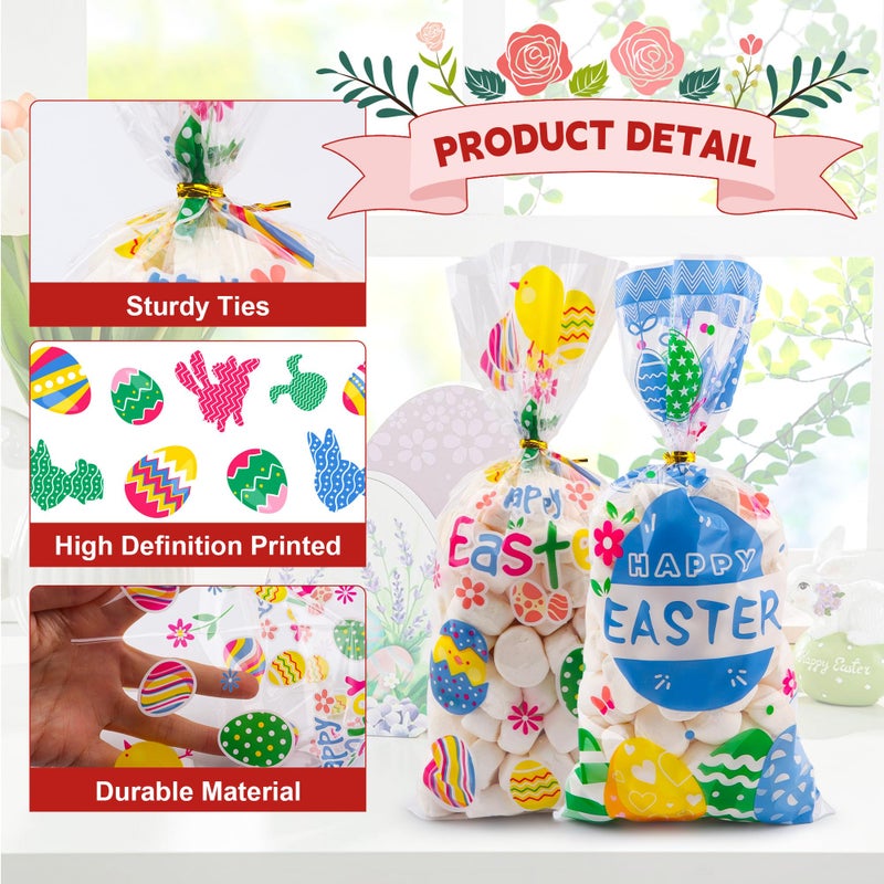 Lxzyu Easter Cellophane Treat Bags, Easter Gift Bags, Easter Goodie Bags, Plastic Clear Cello Colorful Eggs Bunny Easters Candy Cookies Goody Snack Bag with Ties for Easte Party Favors Supplies, 50 Pcs - Image 4