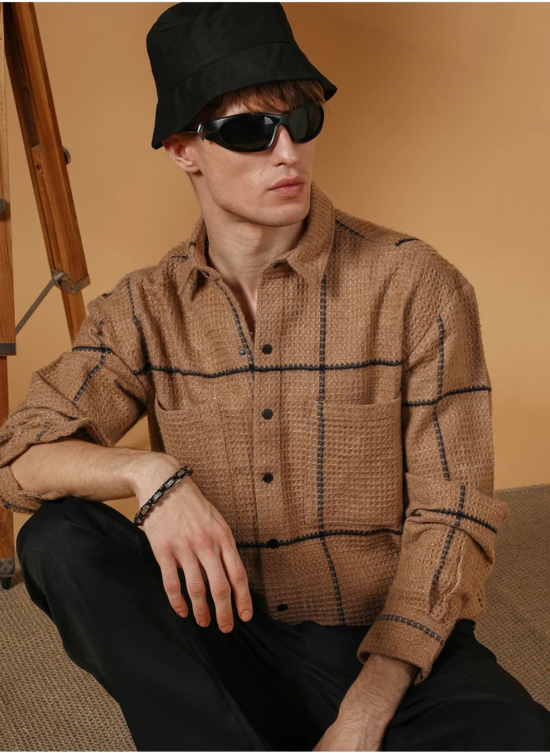 Campus Sutra Men's Ash Brown Graph-Check Waffle Overshirt