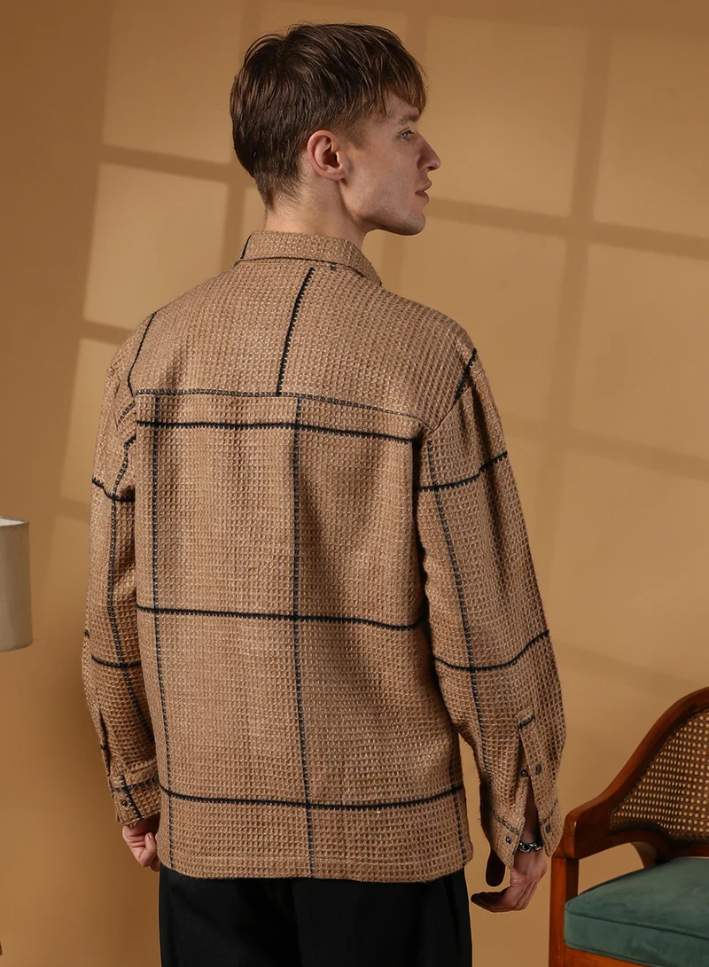 Campus Sutra Men's Ash Brown Graph-Check Waffle Overshirt
