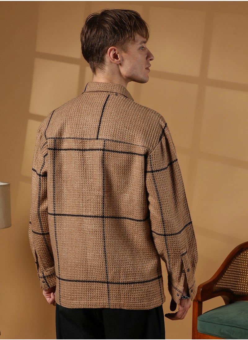 Campus Sutra Men's Ash Brown Graph-Check Waffle Overshirt  - Image 5