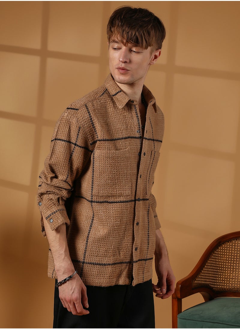 Campus Sutra Men's Ash Brown Graph-Check Waffle Overshirt  - Image 3