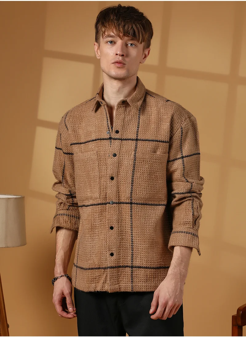Campus Sutra Men's Ash Brown Graph-Check Waffle Overshirt