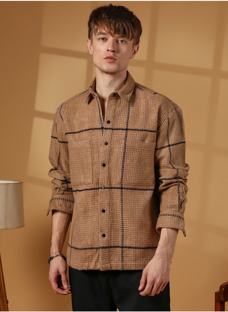 Campus Sutra Men's Ash Brown Graph-Check Waffle Overshirt  - Image 2