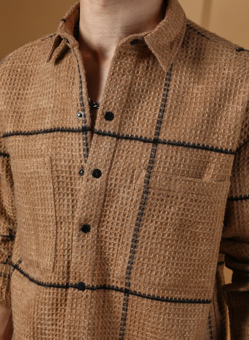 Campus Sutra Men's Ash Brown Graph-Check Waffle Overshirt