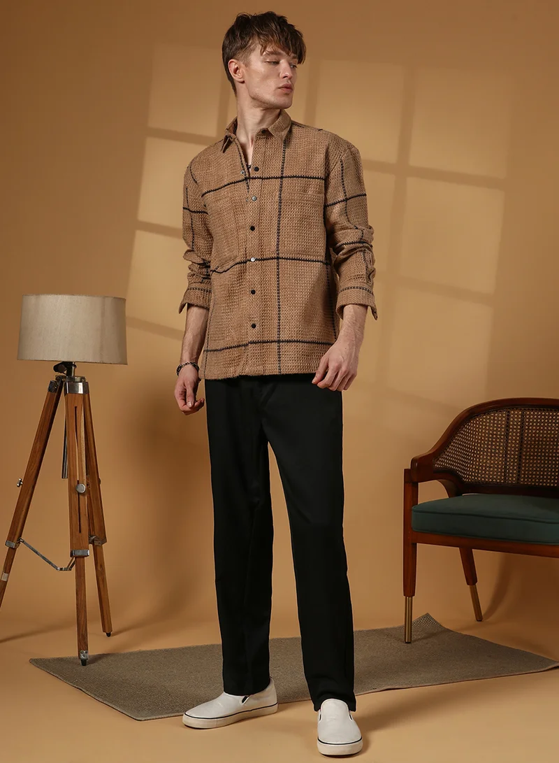 Campus Sutra Men's Ash Brown Graph-Check Waffle Overshirt