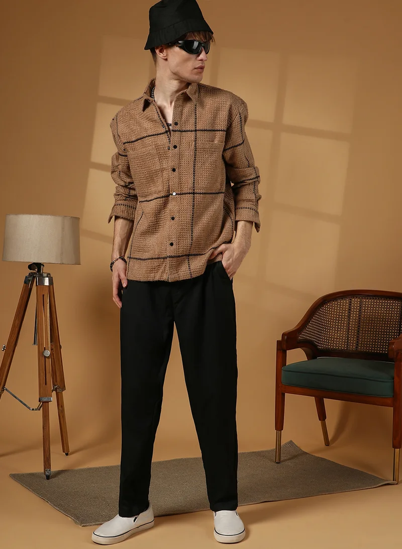 Campus Sutra Men's Ash Brown Graph-Check Waffle Overshirt