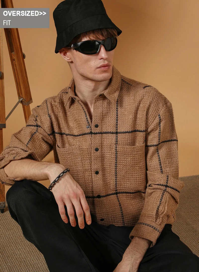Campus Sutra Campus Sutra Men's Ash Brown Graph-Check Waffle Overshirt For Casual Wear | Spread Collar | Long Sleeve | Button Closure | Overshirt/Shacket Crafted With Comfort Fit For Everyday Wear