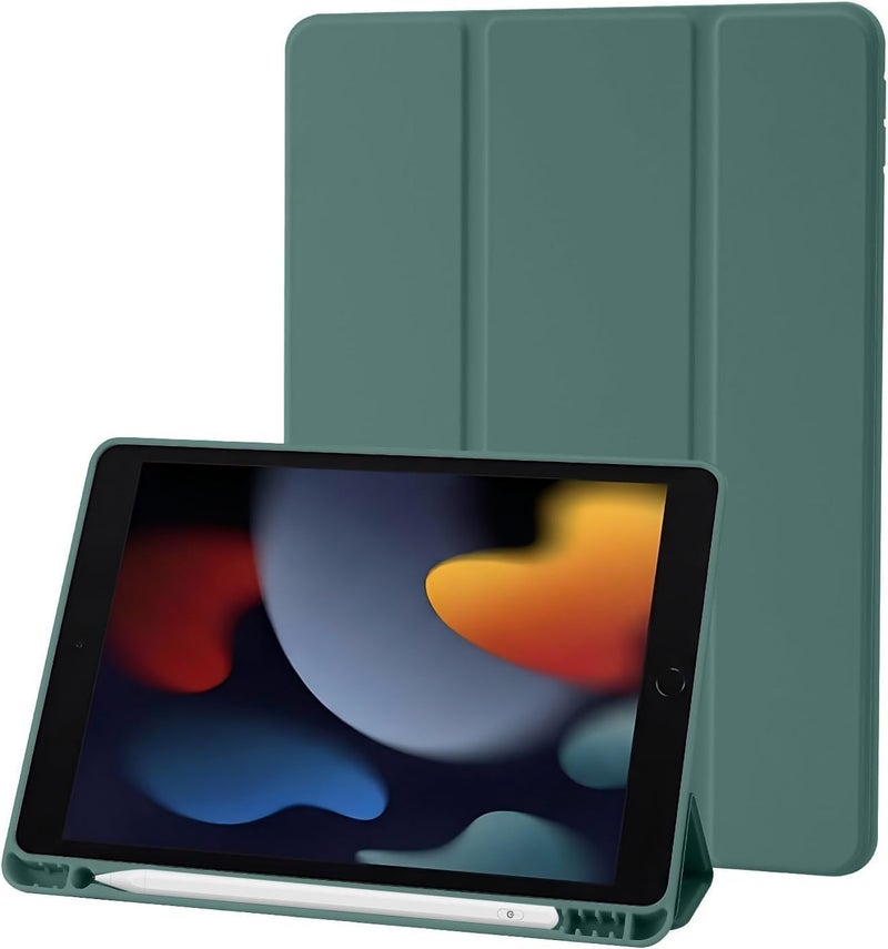 بلو بيك جراب iPad 10.2 متوافق مع الجيل التاسع/الثامن/السابع من iPad - غطاء حماية ثلاثي الطي مع حامل قلم، خاصية التشغيل/الإيقاف التلقائي، جراب ذكي - أخضر صنوبري - Image 1