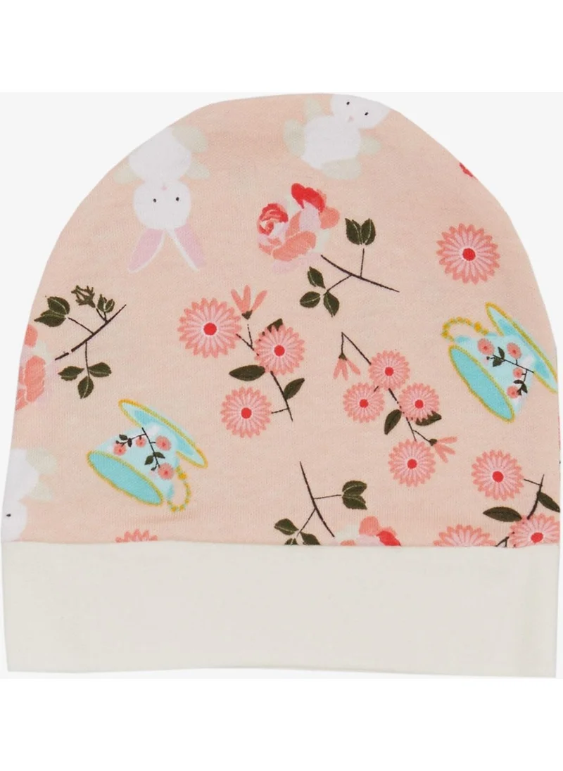 Breeze Newborn Baby Hat Floral Pattern & Rabbit Salmon