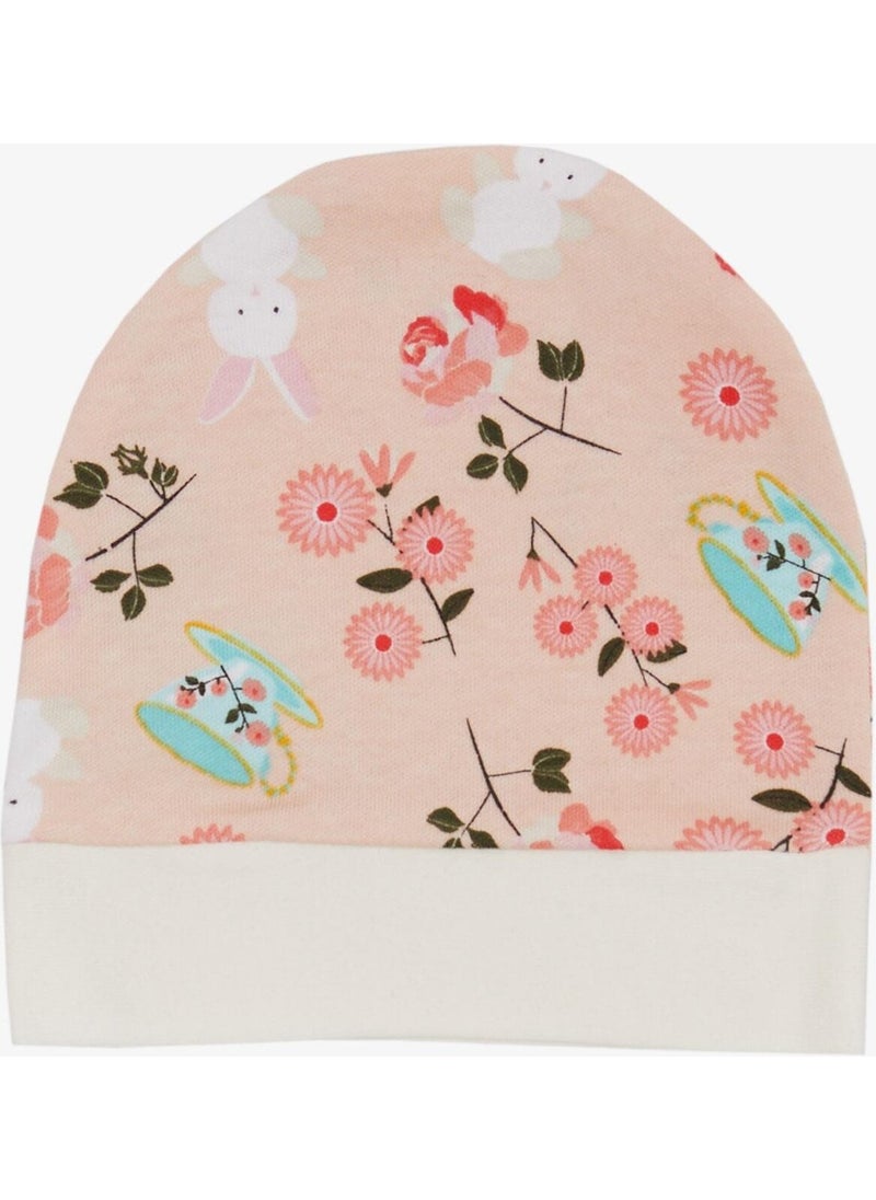 Breeze Newborn Baby Hat Floral Pattern & Rabbit Salmon  - Image 1