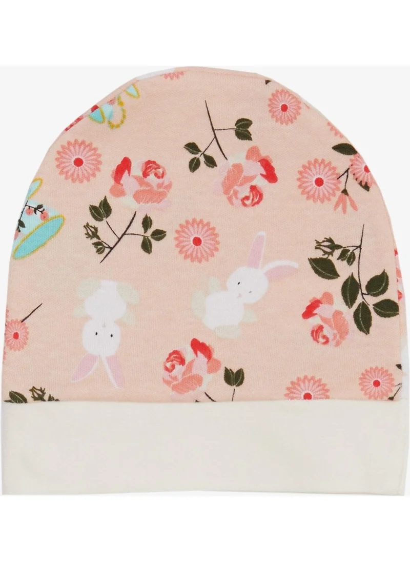 Breeze Newborn Baby Hat Floral Pattern & Rabbit Salmon