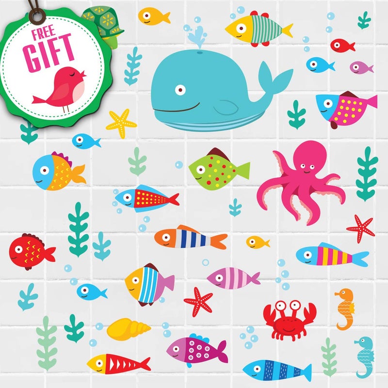 DesignStickers Ocean Fish Wall Decals Sea Whale Turtle Tropical Creatures Bathroom Stickers Cartoon Decorative Bathroom Wall Decal for Kids 50 Art Decals