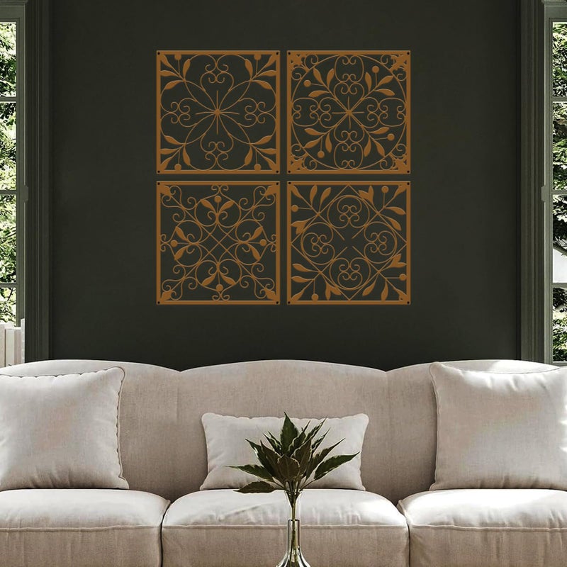 Resama 4 Pieces Rustic Wall Decor Farmhouse Wall Decor for Living Room Metal Hollow Carved Design Metal Decorative for Home Bedroom Kitchen Office (Brownish Orange,Square) - Image 3