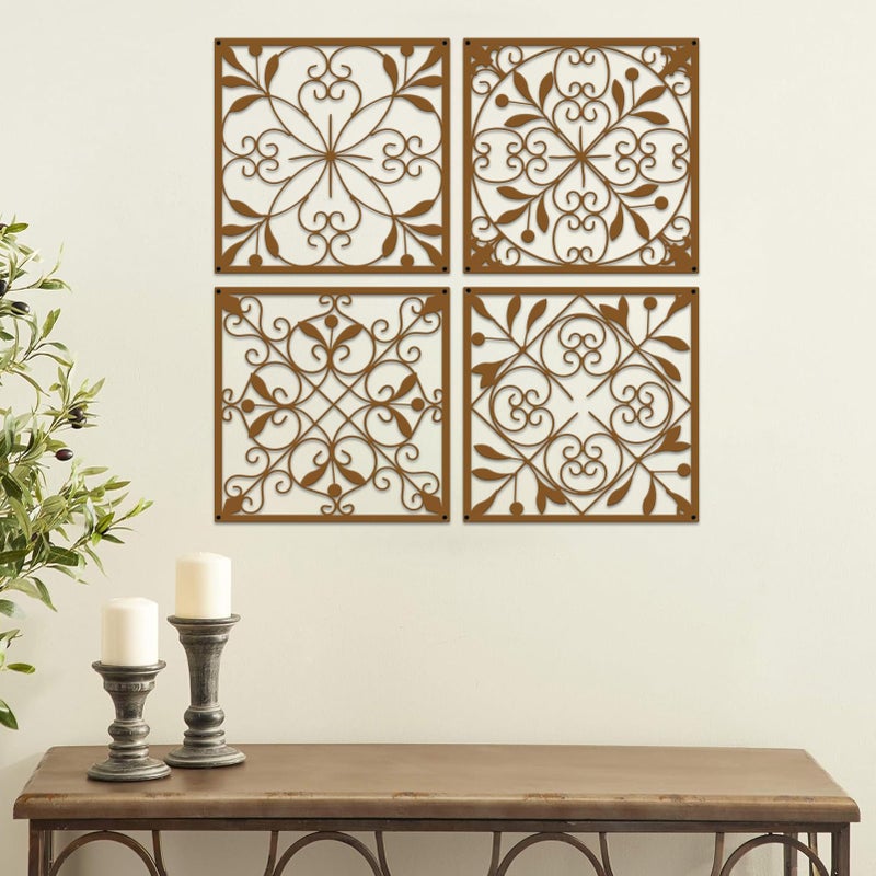 Resama 4 Pieces Rustic Wall Decor Farmhouse Wall Decor for Living Room Metal Hollow Carved Design Metal Decorative for Home Bedroom Kitchen Office (Brownish Orange,Square) - Image 1