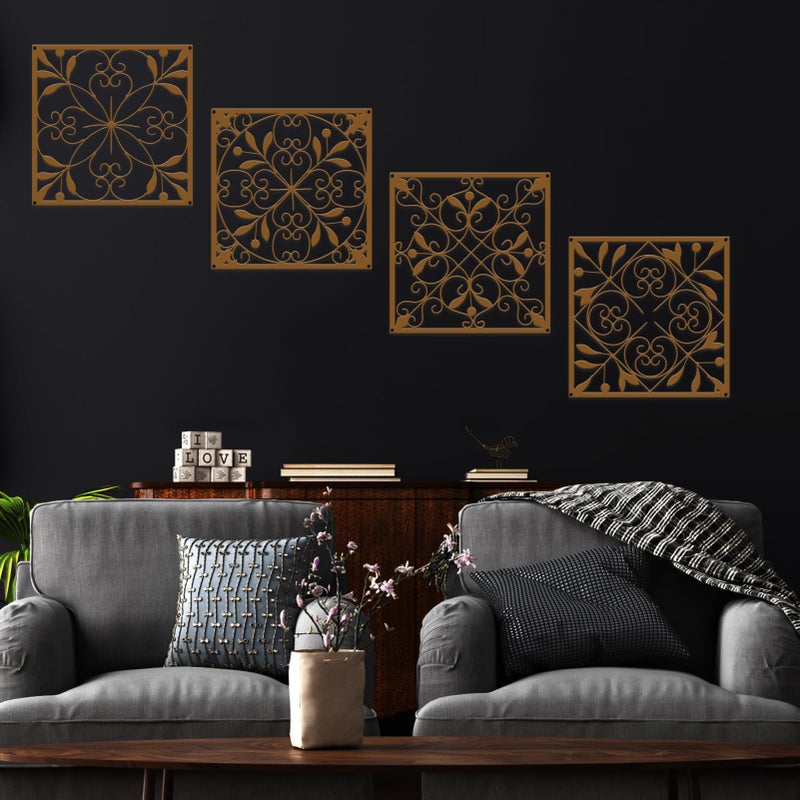 Resama 4 Pieces Rustic Wall Decor Farmhouse Wall Decor for Living Room Metal Hollow Carved Design Metal Decorative for Home Bedroom Kitchen Office (Brownish Orange,Square) - Image 2