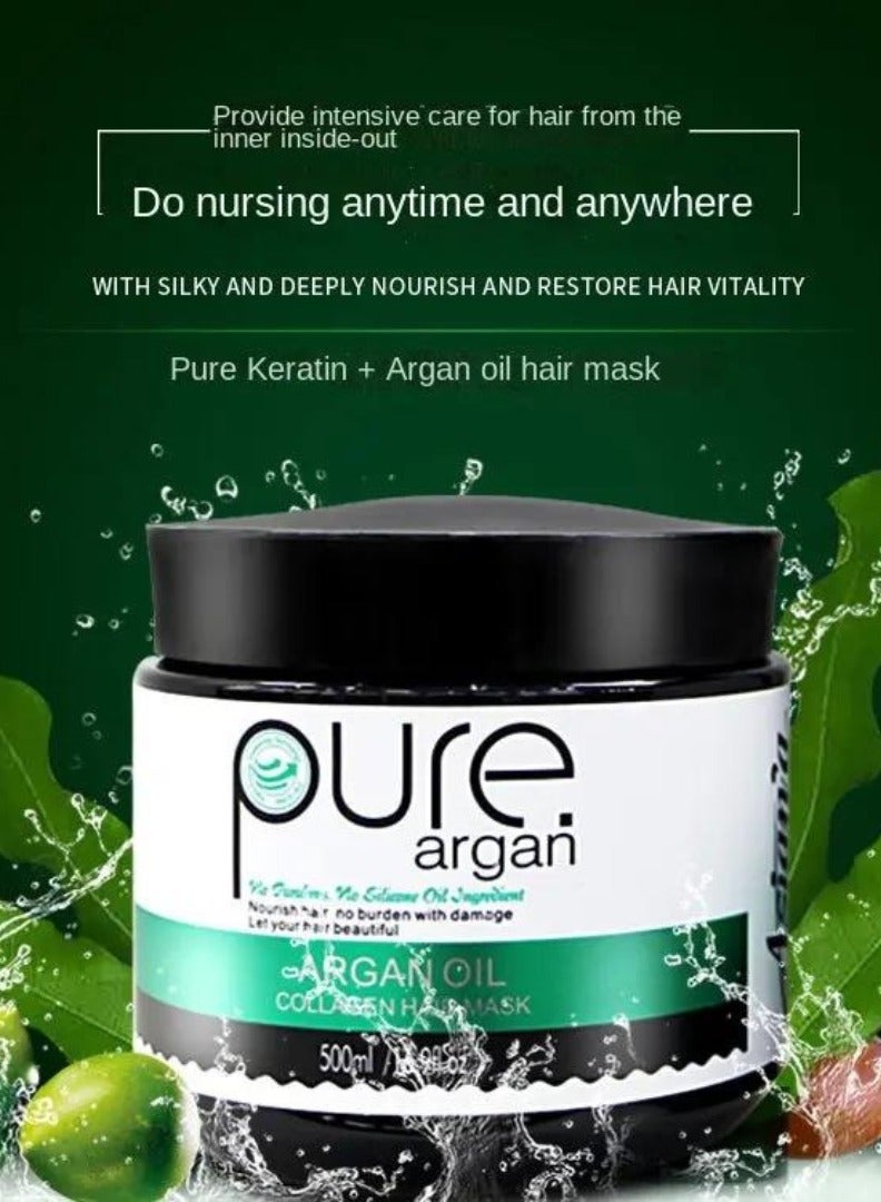 PURE قناع شعر الكولاجين بزيت الأركان 500 مل يغذي الشعر ويصلح الشعر التالف قناع زيت الأركان مرطب ومغذي قناع شعر الكولاجين كريم ناعم للشعر - Image 3