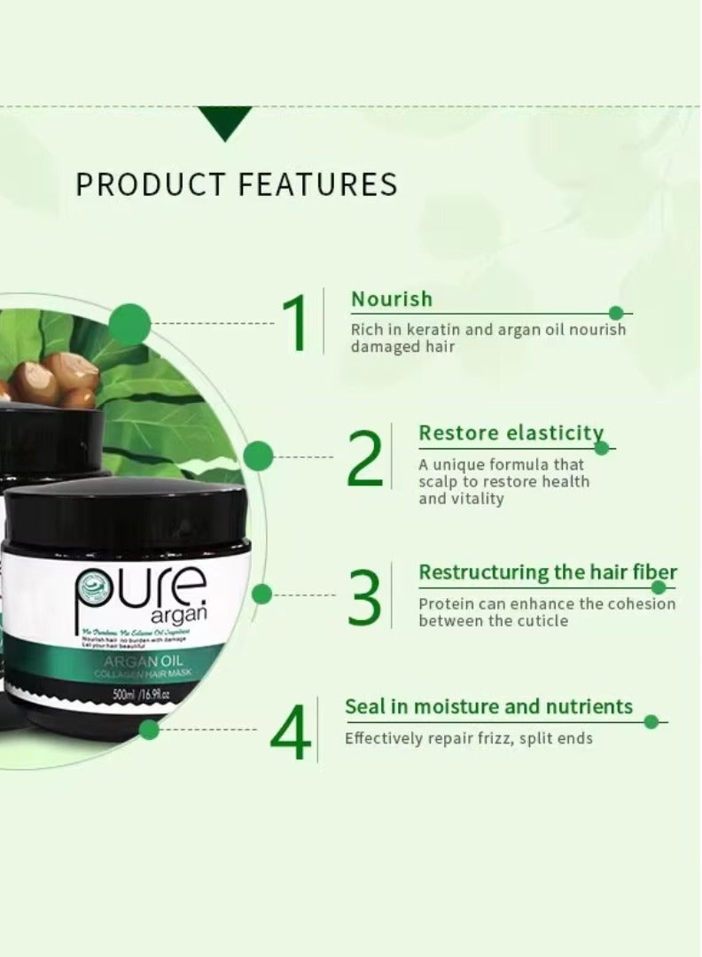PURE قناع شعر الكولاجين بزيت الأركان 500 مل يغذي الشعر ويصلح الشعر التالف قناع زيت الأركان مرطب ومغذي قناع شعر الكولاجين كريم ناعم للشعر - Image 5