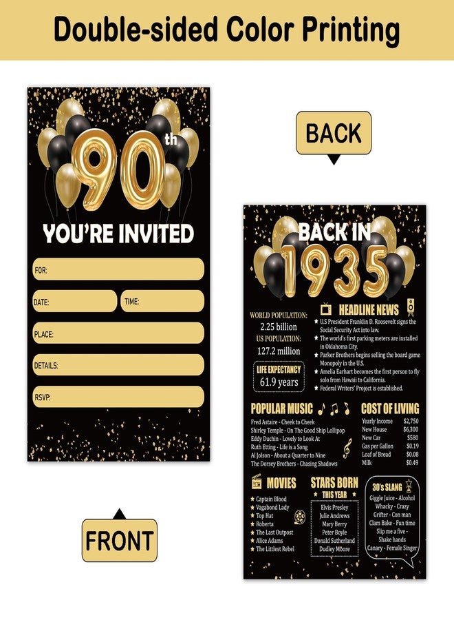 REWIDPARTY Black Gold 90th Birthday Invitations with Envelopes & Stickers（Set of 15） Back in 1935 Fill in Invitations 90th Anniversary Decoration Gifts 90 Years Old Birthday Party Supplies for Adults - Image 2