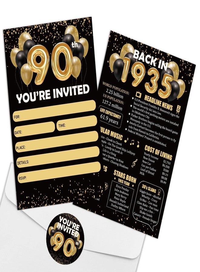REWIDPARTY Black Gold 90th Birthday Invitations with Envelopes & Stickers（Set of 15） Back in 1935 Fill in Invitations 90th Anniversary Decoration Gifts 90 Years Old Birthday Party Supplies for Adults - Image 1