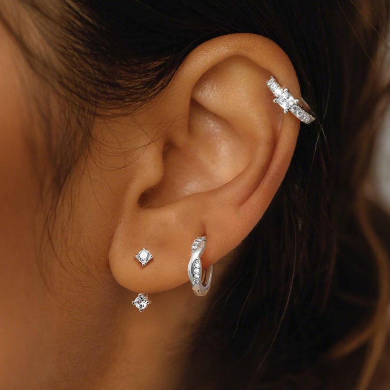 MILACOLATO 3Pairs 925 Sterling Silver Earrings for Women, Sterling Silver Filled Small Huggie Hoop Earrings Sets for Multiple Piercing Hypoallergenic, CZ Cartilage Earrings Stacks Trendy Earrings, I - Image 3