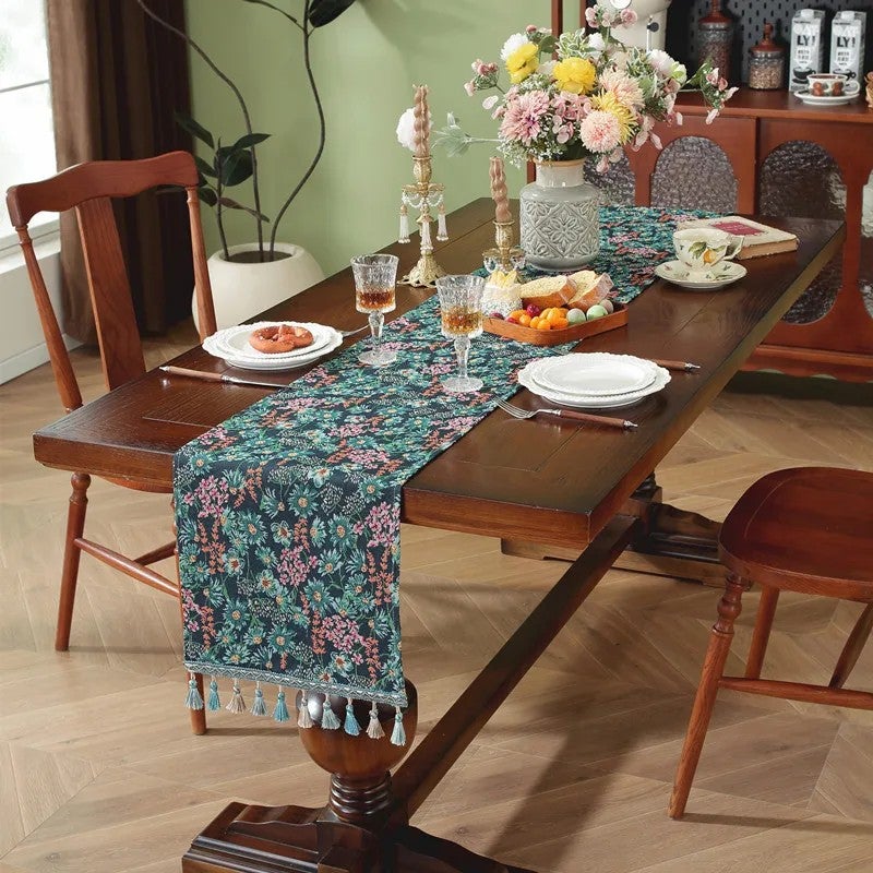 Y&D New American Retro Tassel Table Flag – Plant-Colored Jacquard Table Runner for Coffee Table, TV Cabinet Cover, Bed End Decor - Image 1