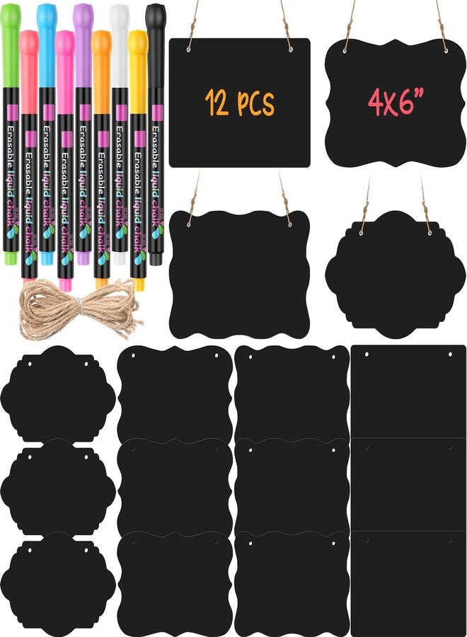 MotiMind 12 Pcs 4 x 6 Inch Acrylic Mini Chalkboard Hanging Sign with String 9 Pcs Liquid Chalk Markers for Party Buffet Wedding Birthday Kitchen Home Decoration - Image 1