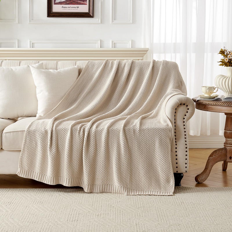Joydeco Chunky Cable Knit Throw Blanket, Lightweight 100% Organic Cotton Soft Cozy Throw Twin Blanket for Couch Bed and Sofa, Rustic Breathable Farmhouse Blanket Gift for Women Men(Beige, 60"x80") - Image 2