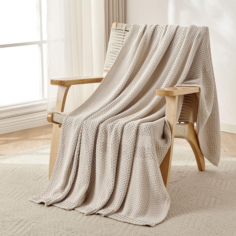 Joydeco Chunky Cable Knit Throw Blanket, Lightweight 100% Organic Cotton Soft Cozy Throw Twin Blanket for Couch Bed and Sofa, Rustic Breathable Farmhouse Blanket Gift for Women Men(Beige, 60"x80") - Image 1