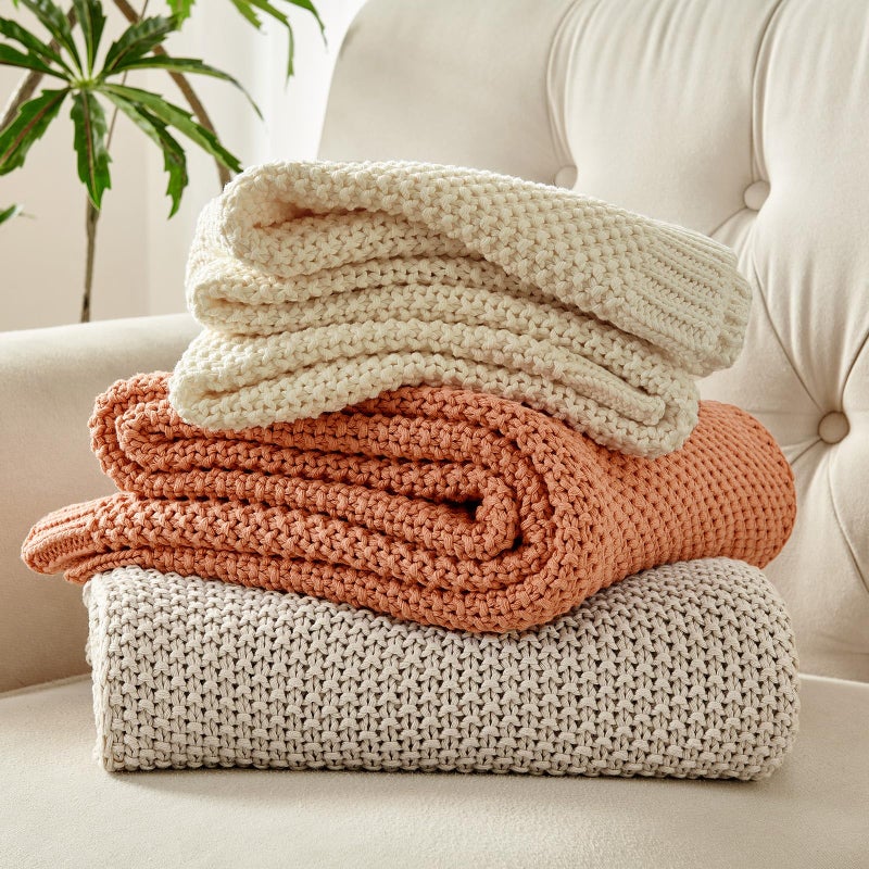 Joydeco Chunky Cable Knit Throw Blanket, Lightweight 100% Organic Cotton Soft Cozy Throw Twin Blanket for Couch Bed and Sofa, Rustic Breathable Farmhouse Blanket Gift for Women Men(Beige, 60"x80") - Image 5